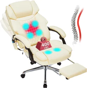 6 Points Massage Office Chair with Heat,Reclining Office Chair with Foot Rest,Vibration Home Desk Chairs for Heavy People 400lbs,Ergonomic Managerial Executive Chair (Cream)