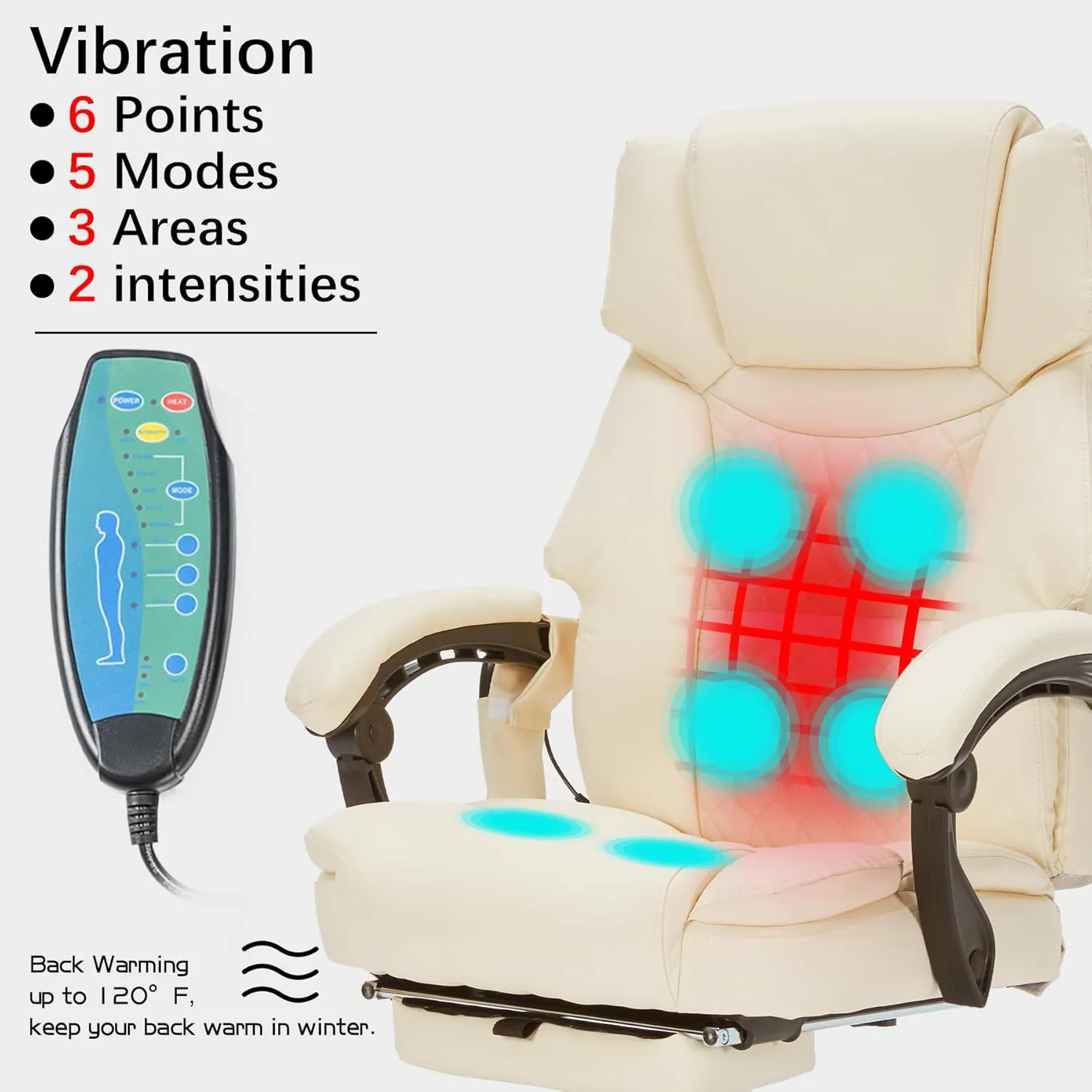 6 Points Massage Office Chair with Heat,Reclining Office Chair with Foot Rest,Vibration Home Desk Chairs for Heavy People 400lbs,Ergonomic Managerial Executive Chair (Cream)