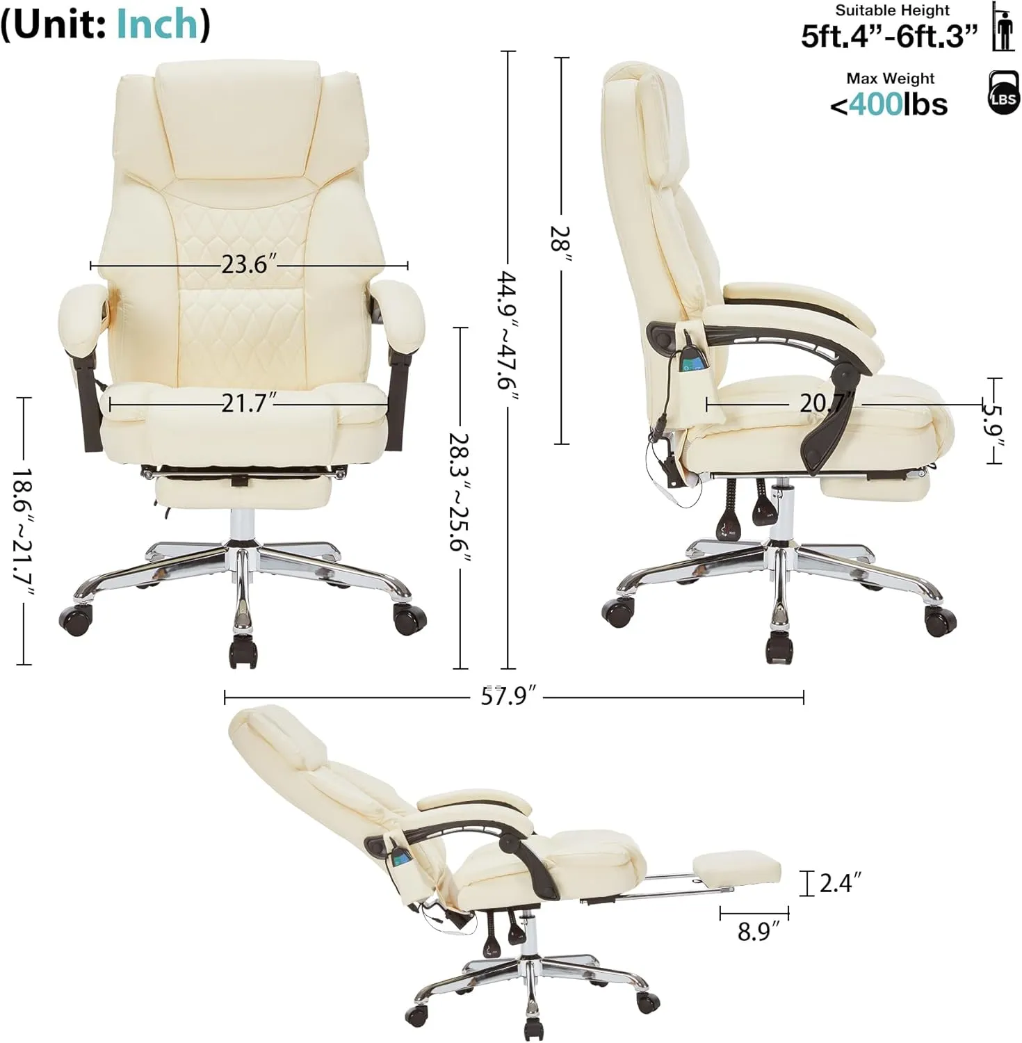 6 Points Massage Office Chair with Heat,Reclining Office Chair with Foot Rest,Vibration Home Desk Chairs for Heavy People 400lbs,Ergonomic Managerial Executive Chair (Cream)