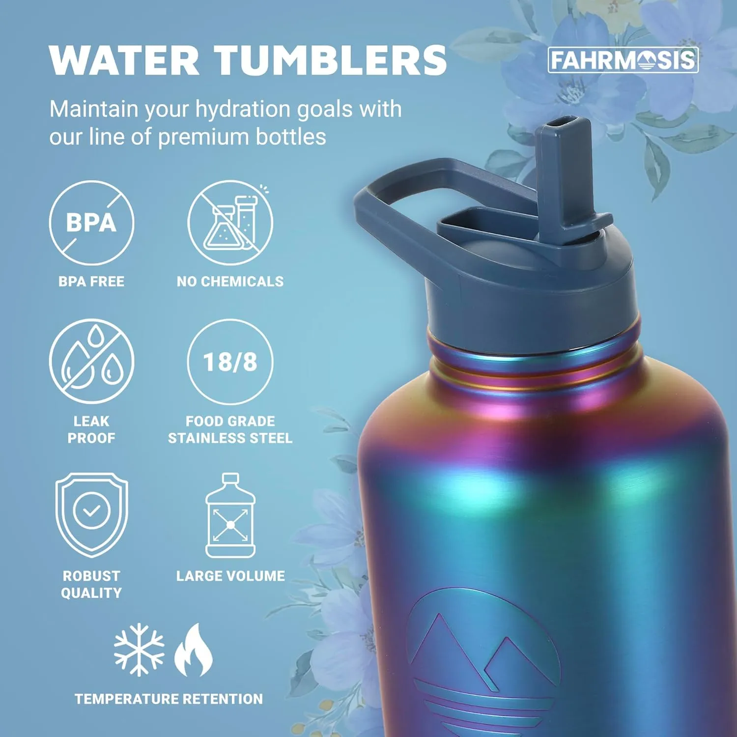 64 Oz Insulated Water Bottle with Strap Stainless Steel Sports Water Bottle with 3 Lids (Straw, Chug and Flip Lid) Leak Proof Metal Half Gallon Jug for Men & Women - Violet (Pattern)