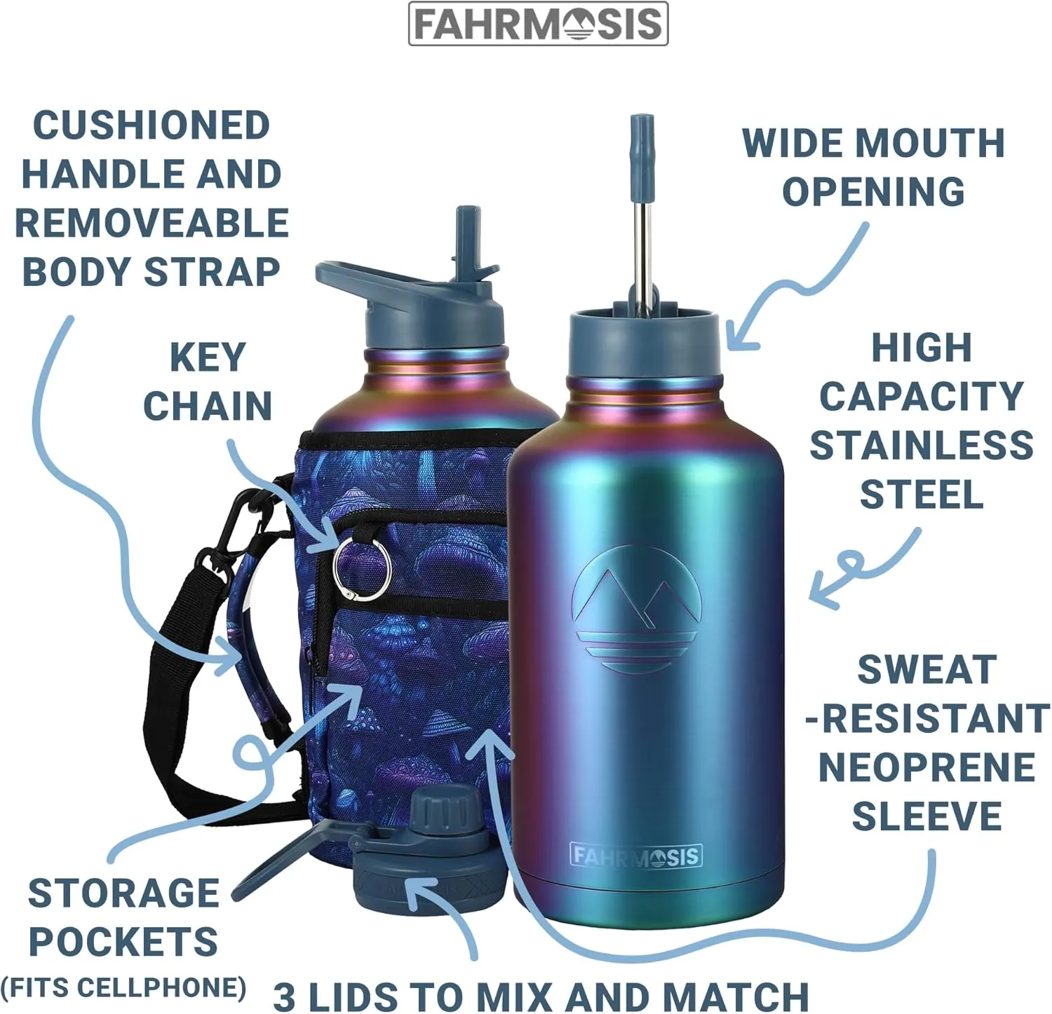 64 Oz Insulated Water Bottle with Strap Stainless Steel Sports Water Bottle with 3 Lids (Straw, Chug and Flip Lid) Leak Proof Metal Half Gallon Jug for Men & Women - Violet (Pattern)