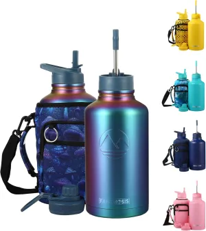 64 Oz Insulated Water Bottle with Strap Stainless Steel Sports Water Bottle with 3 Lids (Straw, Chug and Flip Lid) Leak Proof Metal Half Gallon Jug for Men & Women - Violet (Pattern)