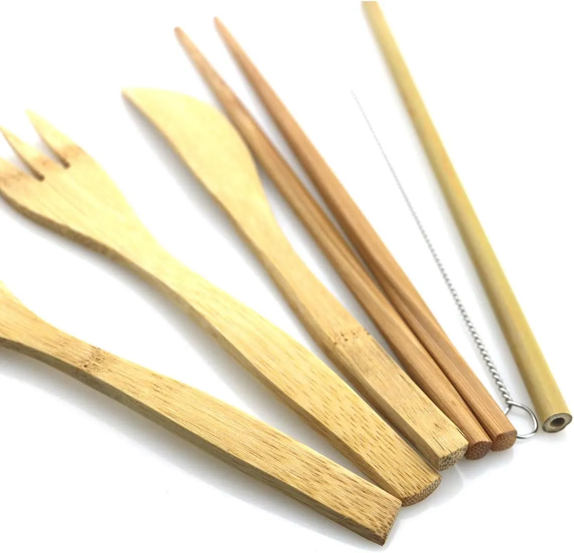 7 Pcs Bamboo Cutlery Set Portable Travel Flatware Set with White Case, Knife, Fork, Spoon, Chopsticks, Straw and Brush Eco-Friendly for Outdoor Camping Office