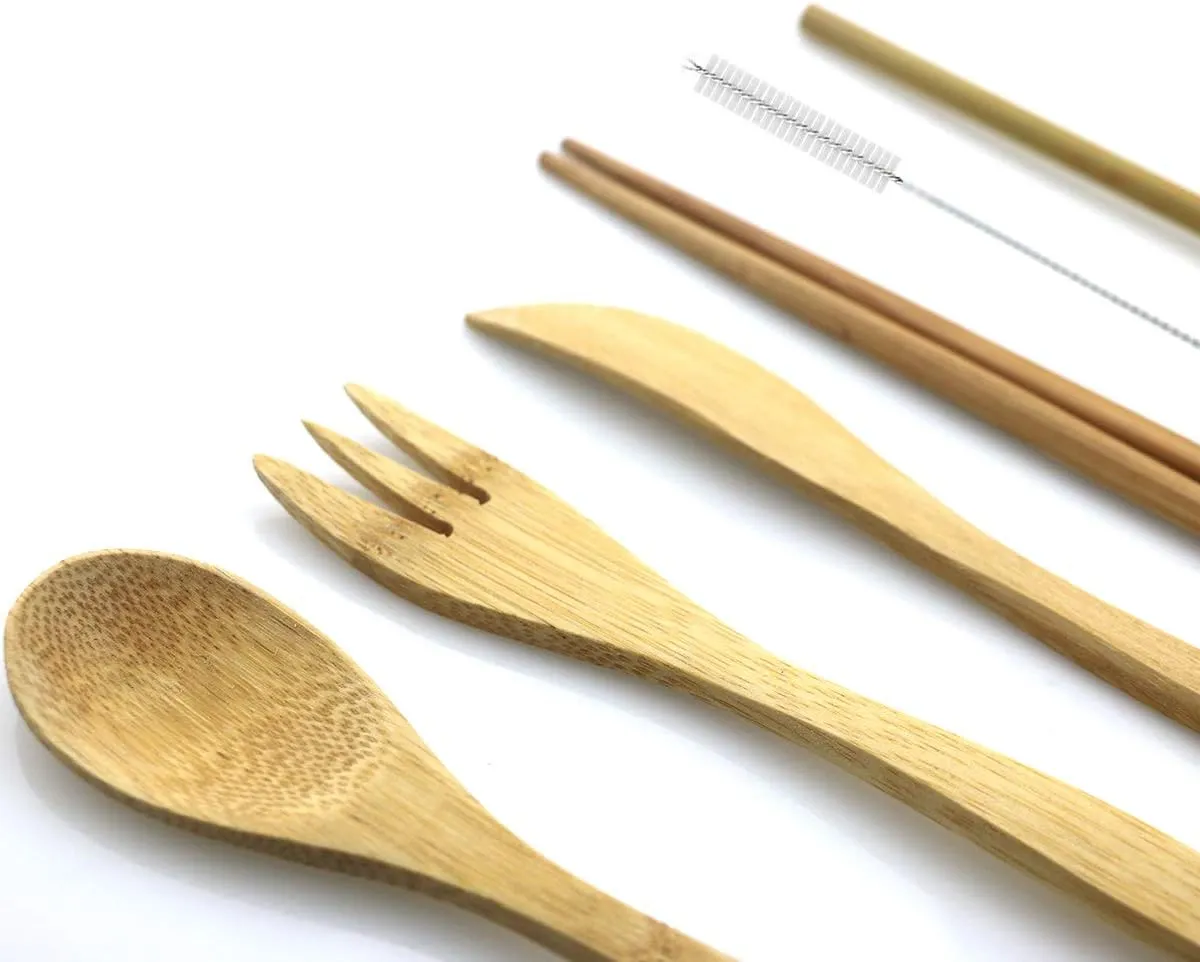7 Pcs Bamboo Cutlery Set Portable Travel Flatware Set with White Case, Knife, Fork, Spoon, Chopsticks, Straw and Brush Eco-Friendly for Outdoor Camping Office