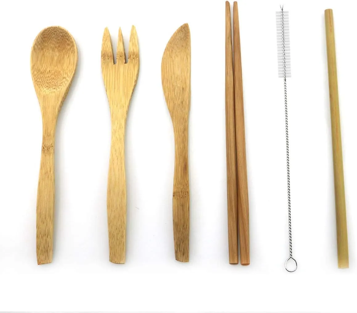 7 Pcs Bamboo Cutlery Set Portable Travel Flatware Set with White Case, Knife, Fork, Spoon, Chopsticks, Straw and Brush Eco-Friendly for Outdoor Camping Office