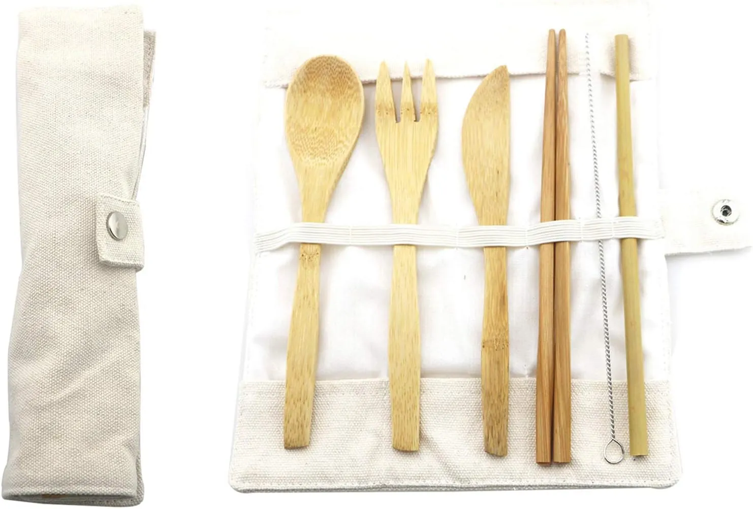 7 Pcs Bamboo Cutlery Set Portable Travel Flatware Set with White Case, Knife, Fork, Spoon, Chopsticks, Straw and Brush Eco-Friendly for Outdoor Camping Office