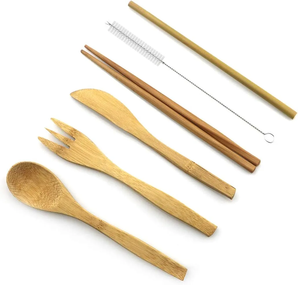 7 Pcs Bamboo Cutlery Set Portable Travel Flatware Set with White Case, Knife, Fork, Spoon, Chopsticks, Straw and Brush Eco-Friendly for Outdoor Camping Office