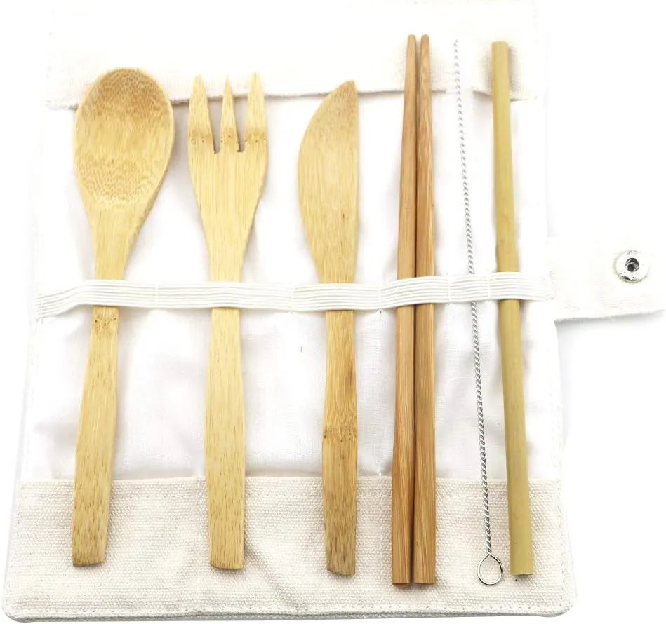 7 Pcs Bamboo Cutlery Set Portable Travel Flatware Set with White Case, Knife, Fork, Spoon, Chopsticks, Straw and Brush Eco-Friendly for Outdoor Camping Office