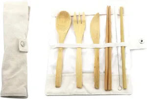 7 Pcs Bamboo Cutlery Set Portable Travel Flatware Set with White Case, Knife, Fork, Spoon, Chopsticks, Straw and Brush Eco-Friendly for Outdoor Camping Office