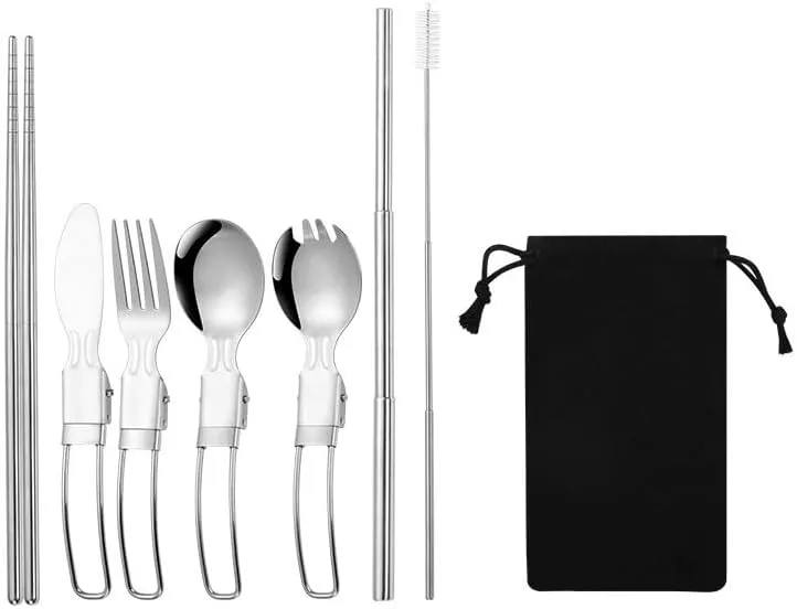 7-piece Set Of 304 Stainless Steel Folding Tableware Picnic Portable Fork Spoon Chopsticks With Bag