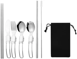 7-piece Set Of 304 Stainless Steel Folding Tableware Picnic Portable Fork Spoon Chopsticks With Bag