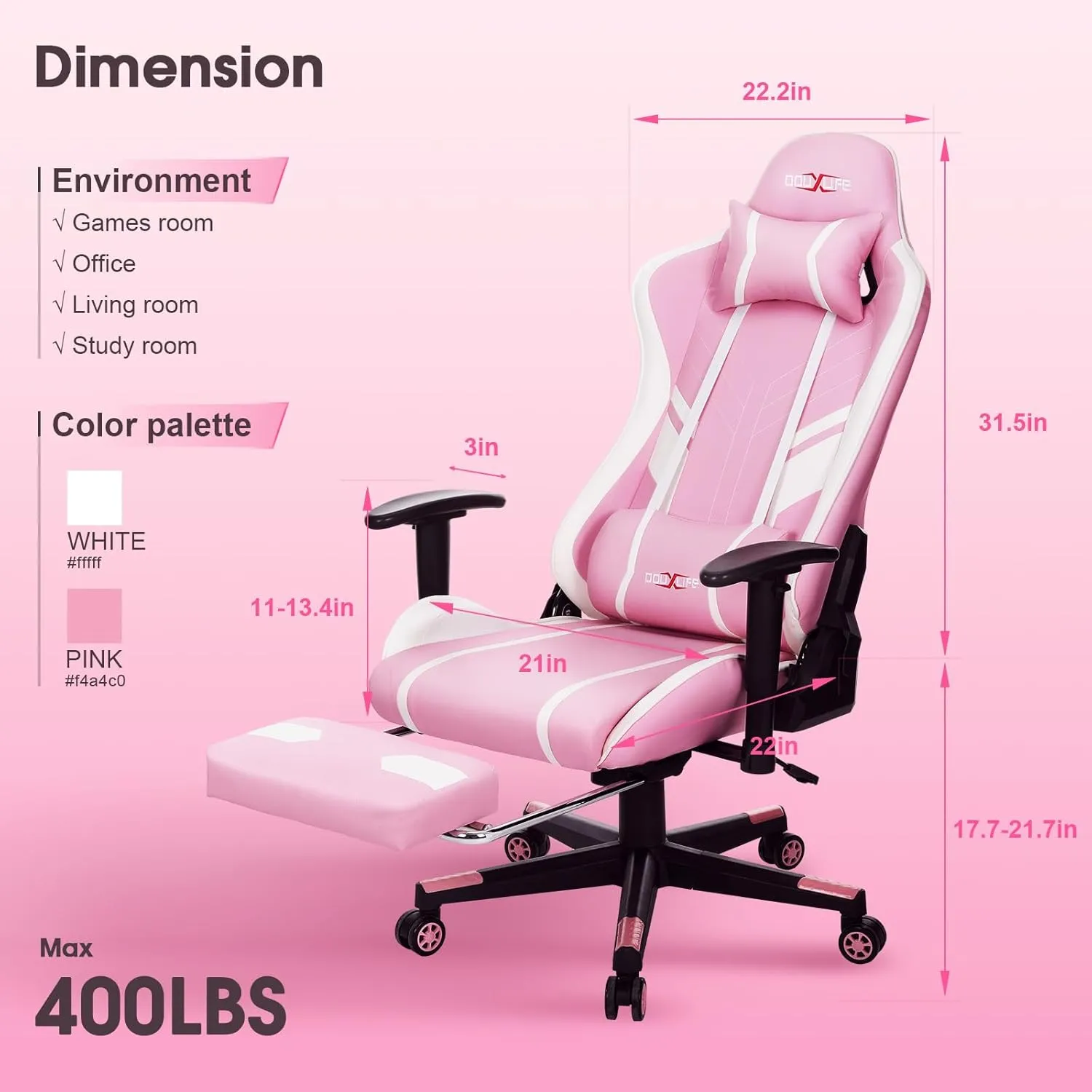 7-Point Massage Gaming Chair, 175° Gaming Recliner with Footrest Ergonomic Computer Office Chair High Back Video Game Chair with Lumbar Support, Upgraded Version Pink