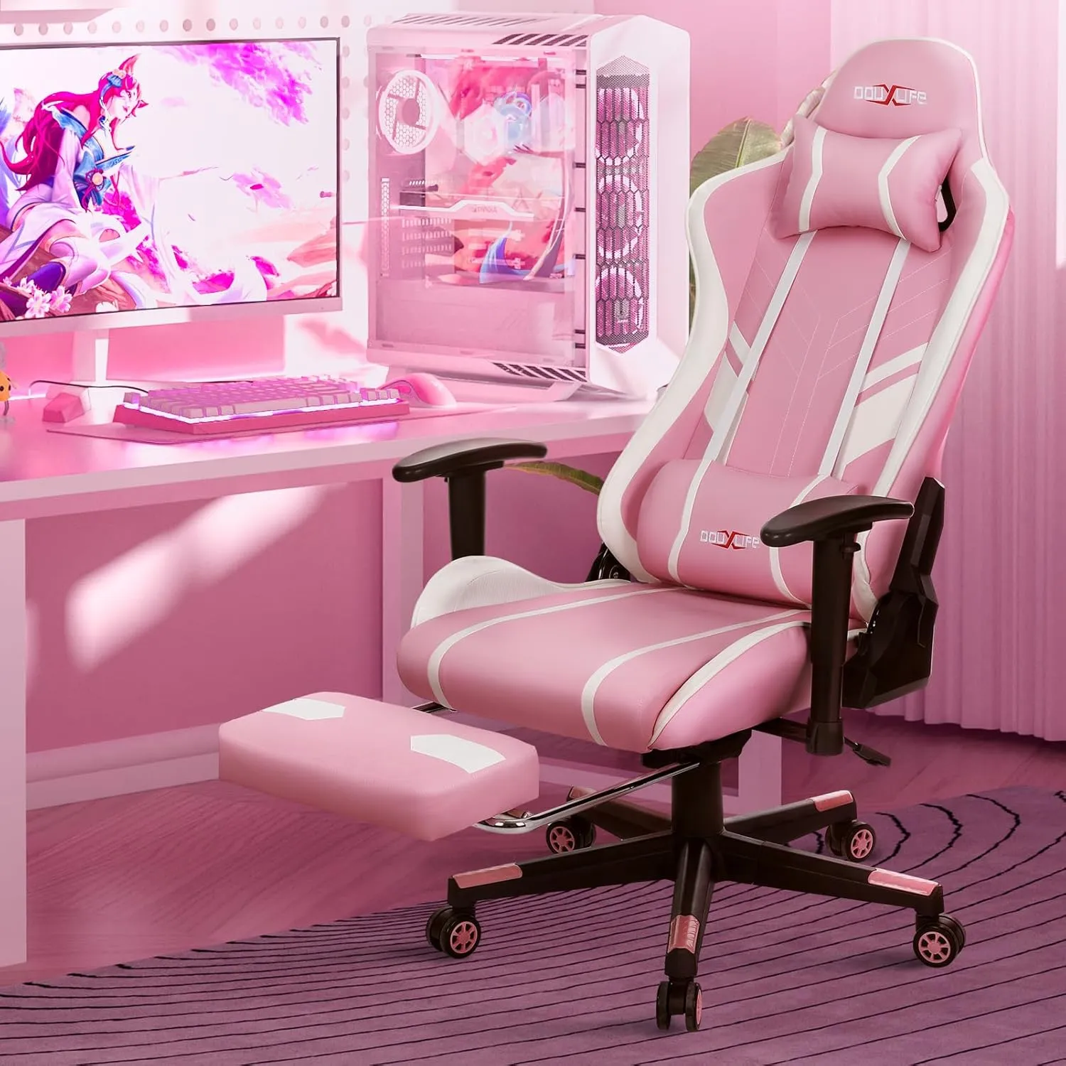 7-Point Massage Gaming Chair, 175° Gaming Recliner with Footrest Ergonomic Computer Office Chair High Back Video Game Chair with Lumbar Support, Upgraded Version Pink
