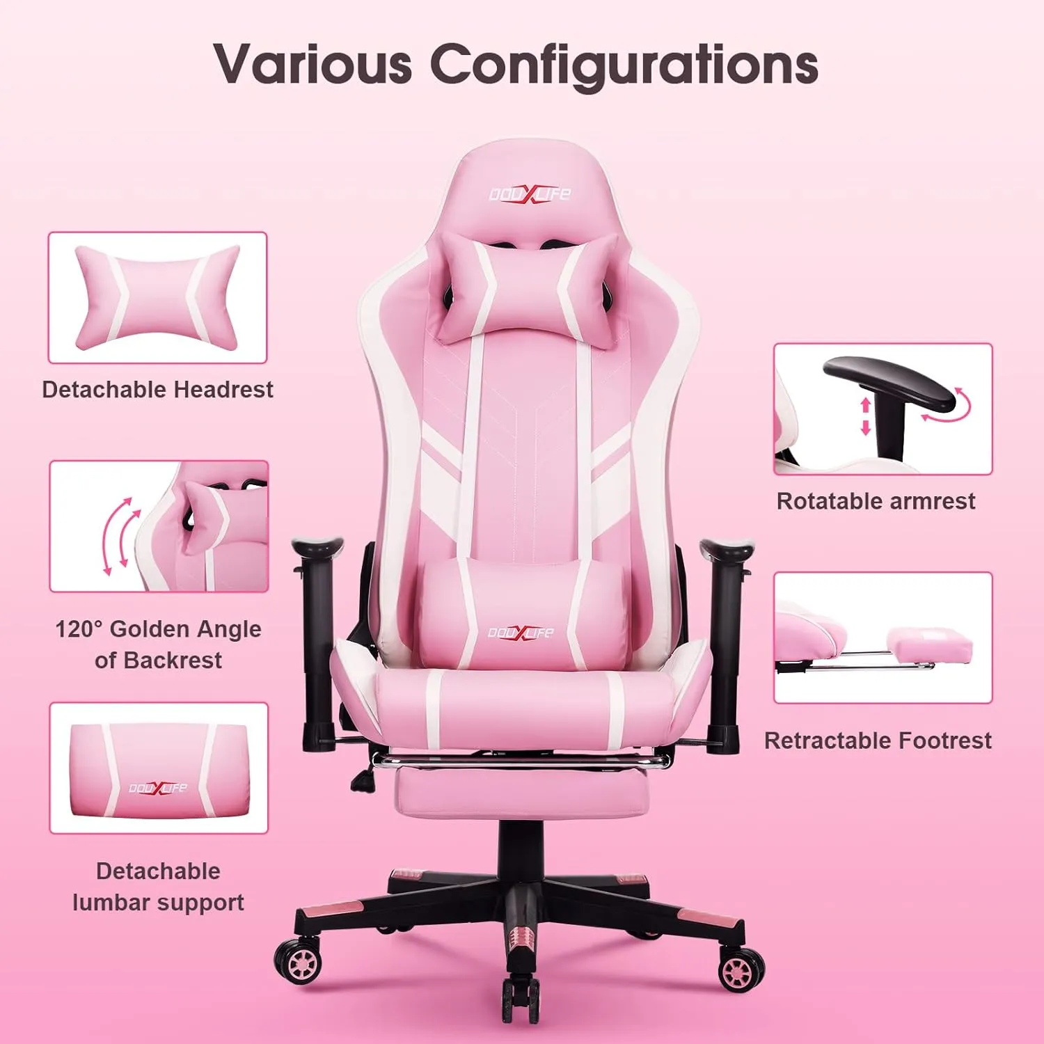 7-Point Massage Gaming Chair, 175° Gaming Recliner with Footrest Ergonomic Computer Office Chair High Back Video Game Chair with Lumbar Support, Upgraded Version Pink