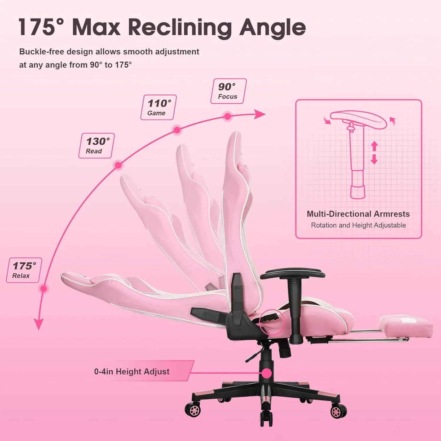 7-Point Massage Gaming Chair, 175° Gaming Recliner with Footrest Ergonomic Computer Office Chair High Back Video Game Chair with Lumbar Support, Upgraded Version Pink
