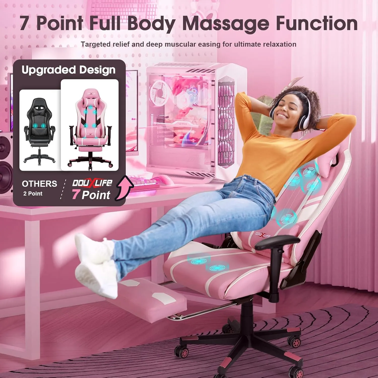 7-Point Massage Gaming Chair, 175° Gaming Recliner with Footrest Ergonomic Computer Office Chair High Back Video Game Chair with Lumbar Support, Upgraded Version Pink