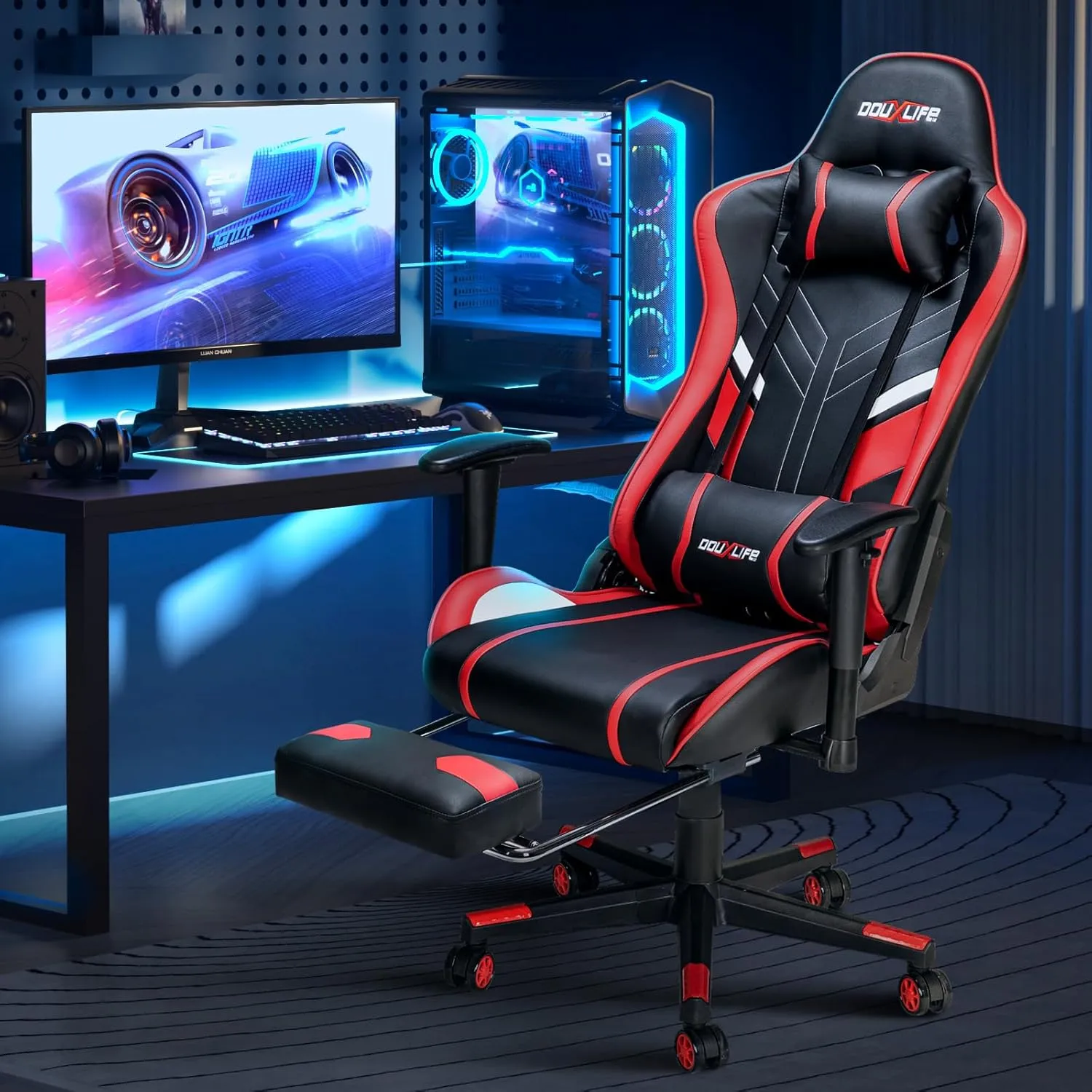 7-Point Massage Gaming Chair, 175° Gaming Recliner with Footrest Ergonomic Computer Office Chair High Back Video Game Chair with Lumbar Support, Upgraded Version, Red