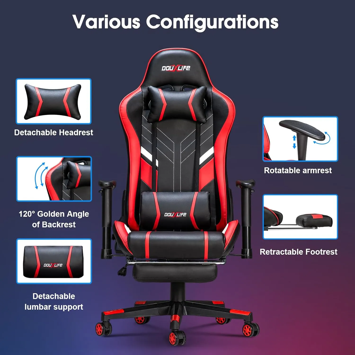 7-Point Massage Gaming Chair, 175° Gaming Recliner with Footrest Ergonomic Computer Office Chair High Back Video Game Chair with Lumbar Support, Upgraded Version, Red
