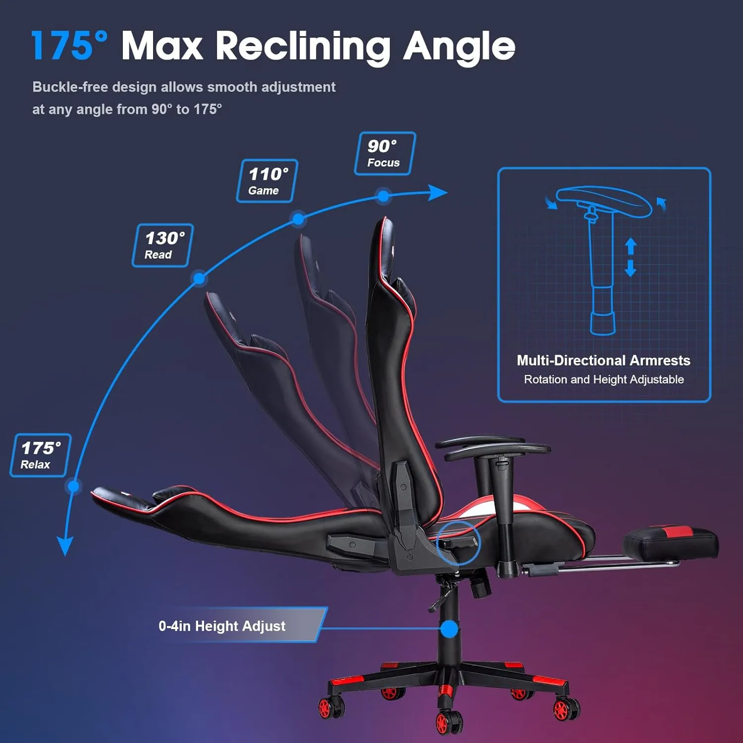 7-Point Massage Gaming Chair, 175° Gaming Recliner with Footrest Ergonomic Computer Office Chair High Back Video Game Chair with Lumbar Support, Upgraded Version, Red