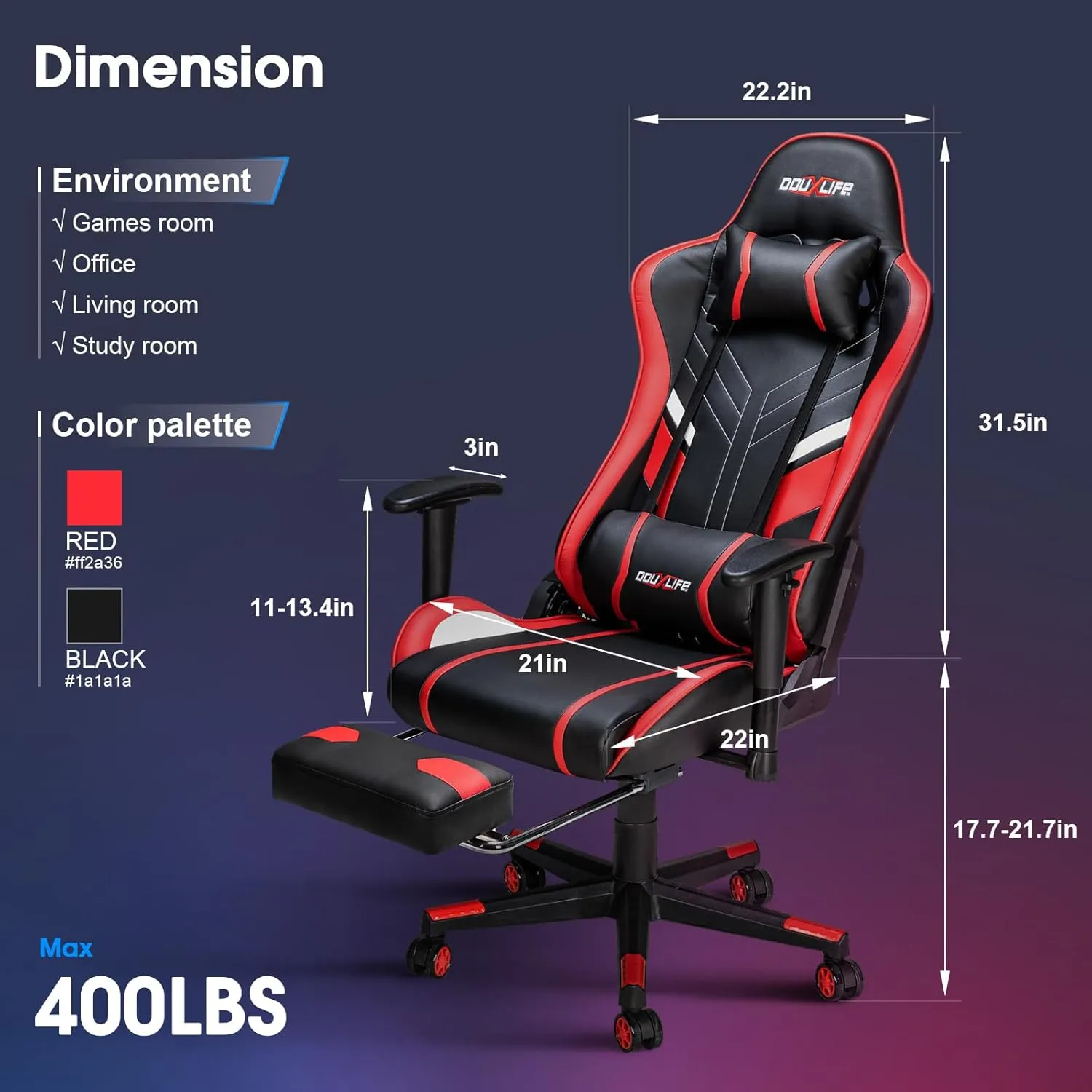 7-Point Massage Gaming Chair, 175° Gaming Recliner with Footrest Ergonomic Computer Office Chair High Back Video Game Chair with Lumbar Support, Upgraded Version, Red