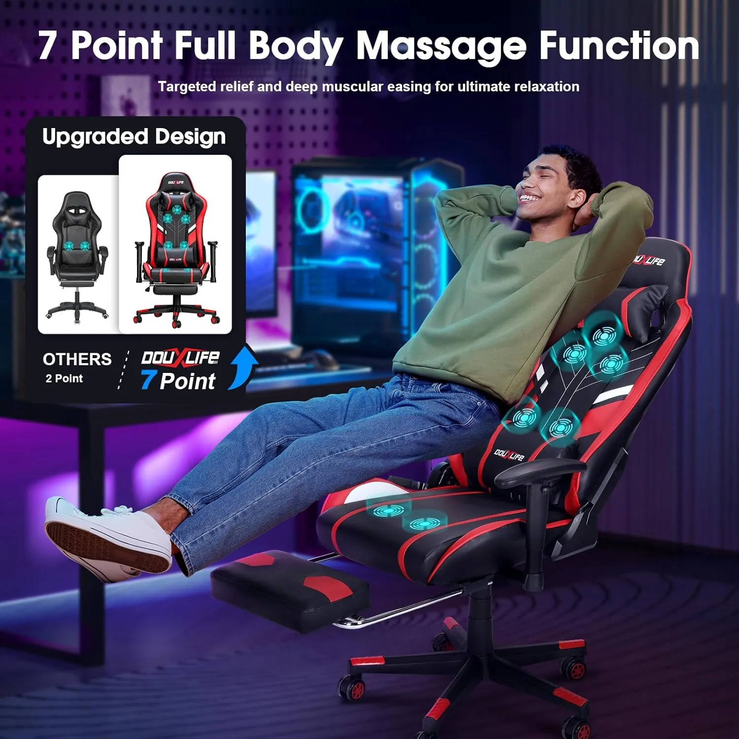 7-Point Massage Gaming Chair, 175° Gaming Recliner with Footrest Ergonomic Computer Office Chair High Back Video Game Chair with Lumbar Support, Upgraded Version, Red