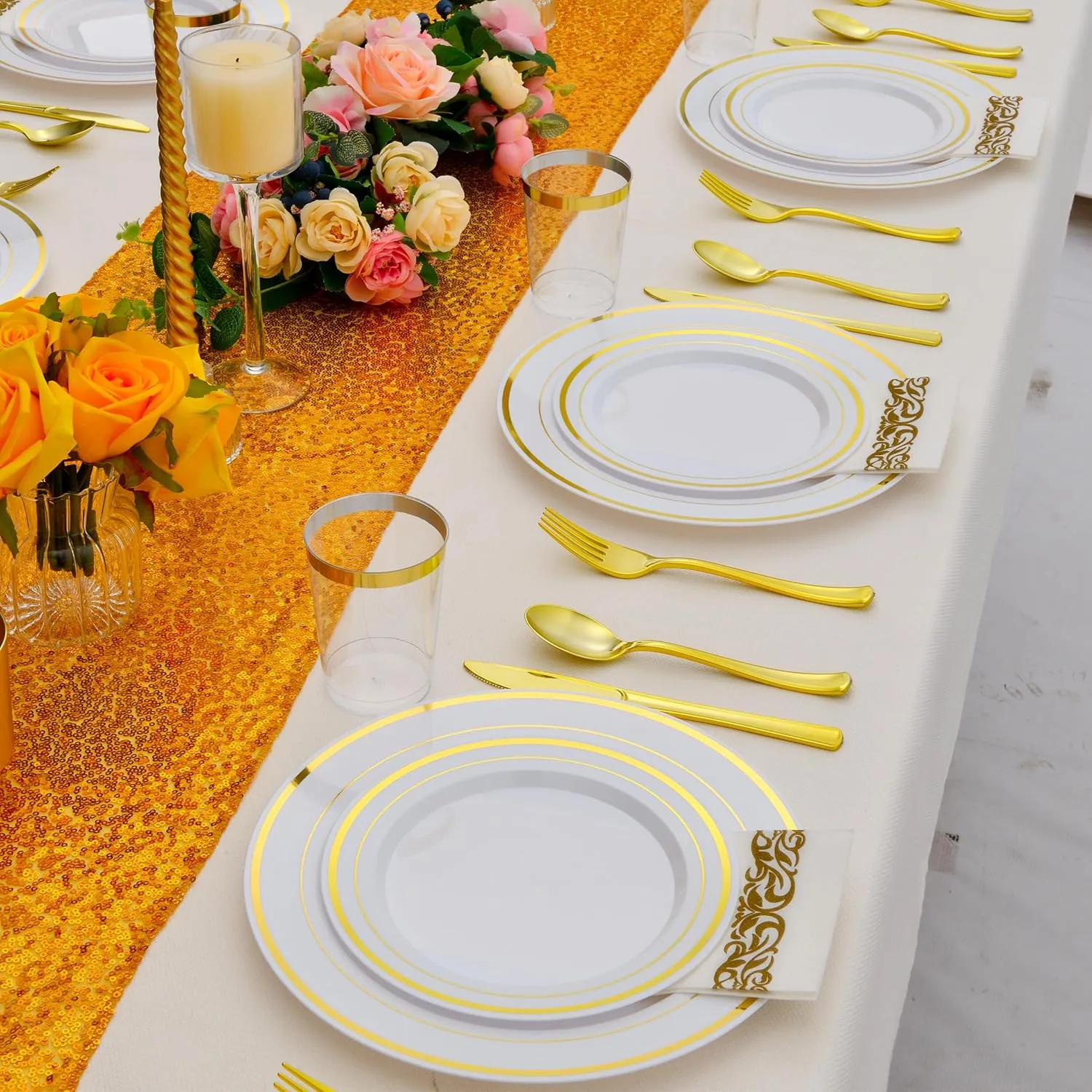 700 PCS Gold Plastic Dinnerware for 100 Guests, Gold and White Disposable Plates include 100 Dinner Plates,100 Dessert Plates,100 Silverware Set,100 Cups,100 Napkins