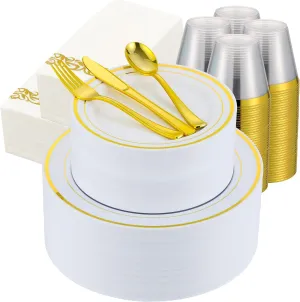 700 PCS Gold Plastic Dinnerware for 100 Guests, Gold and White Disposable Plates include 100 Dinner Plates,100 Dessert Plates,100 Silverware Set,100 Cups,100 Napkins