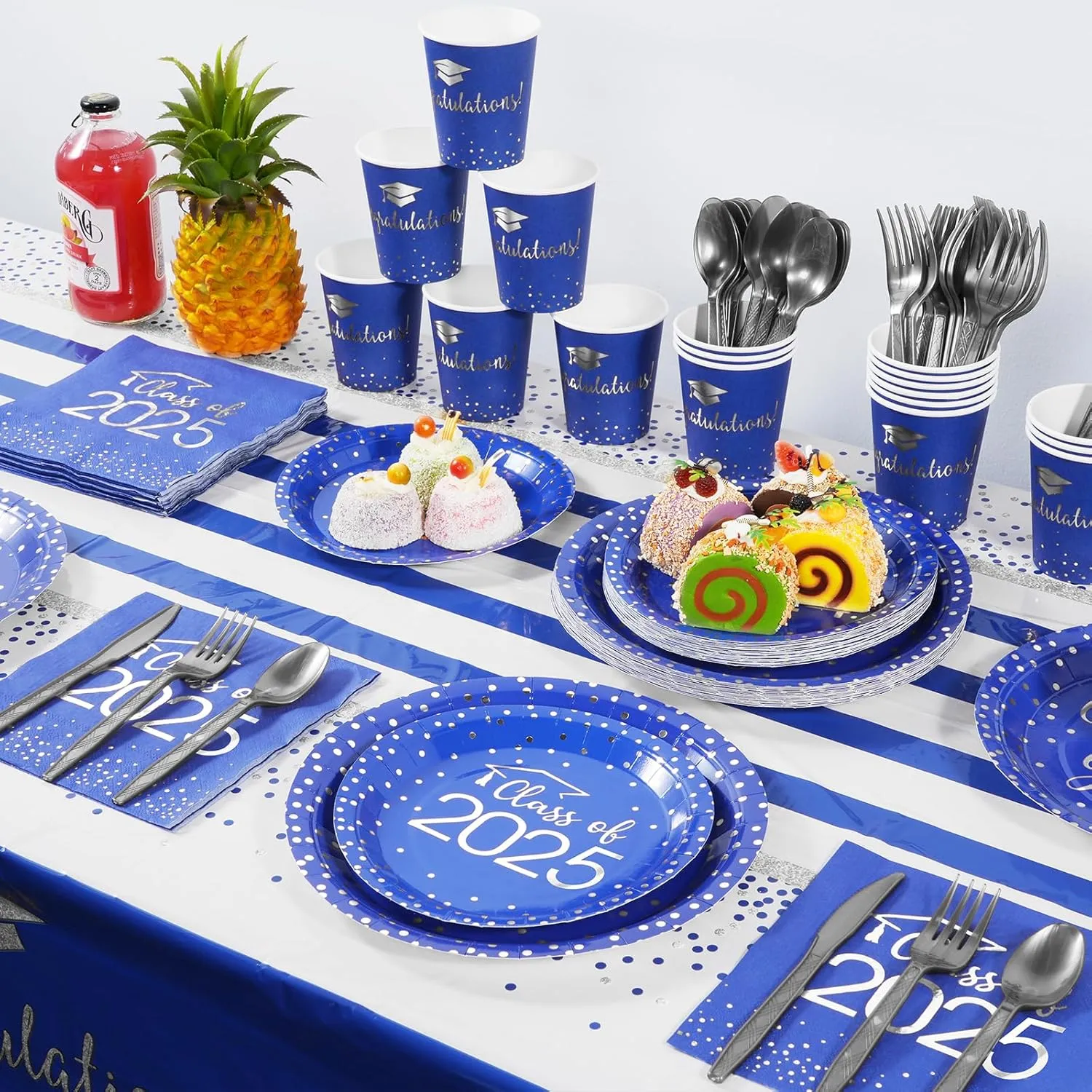 700pcs Class of 2025 Graduation Plates and Napkins Set, Disposable Paper Plate Set Polka Dots Napkins Cups Knife Fork Spoon for Graduation Party Decorations and Supplies,Serve 100 （Blue Silver）