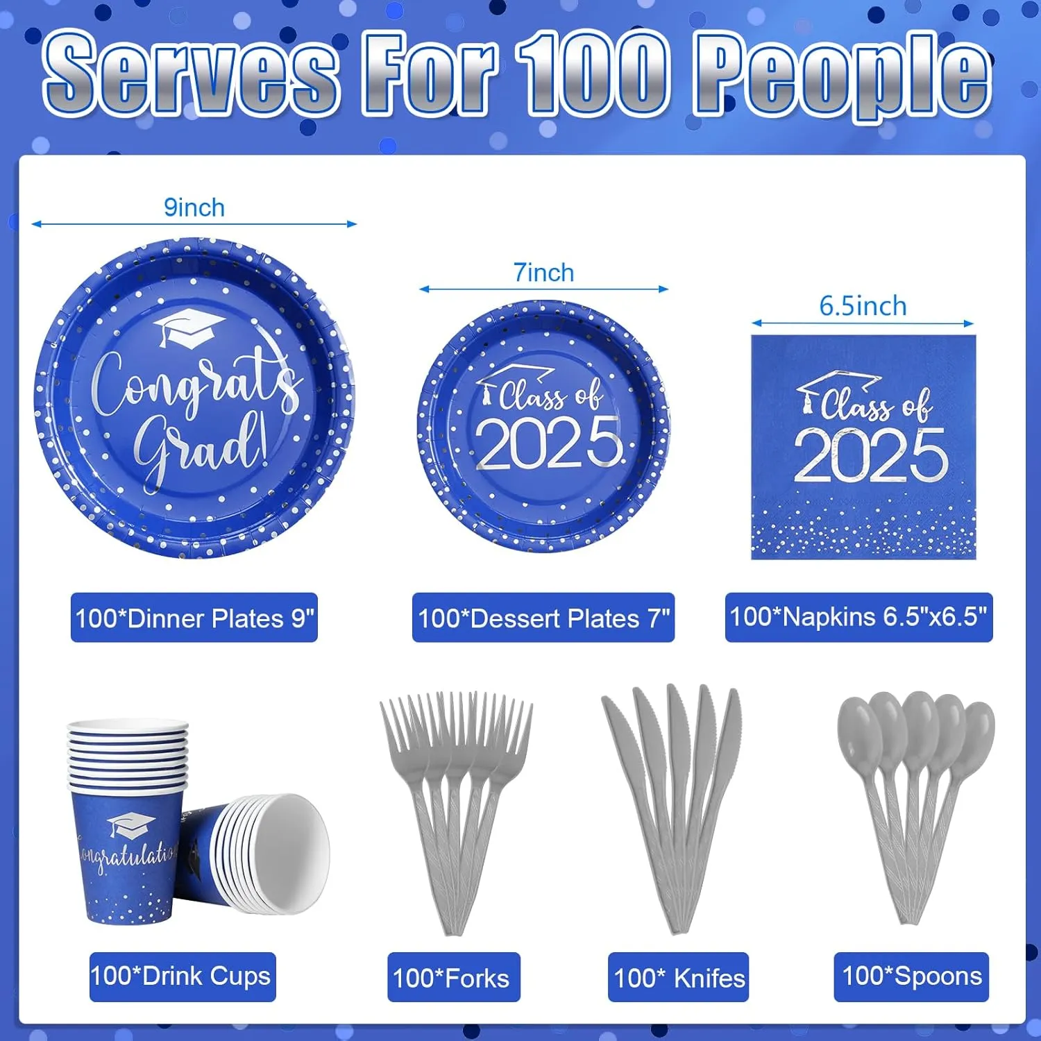 700pcs Class of 2025 Graduation Plates and Napkins Set, Disposable Paper Plate Set Polka Dots Napkins Cups Knife Fork Spoon for Graduation Party Decorations and Supplies,Serve 100 （Blue Silver）