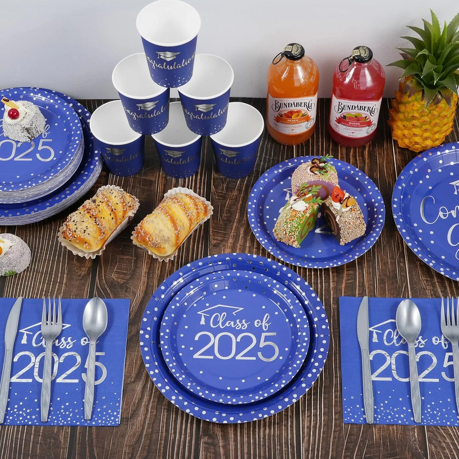700pcs Class of 2025 Graduation Plates and Napkins Set, Disposable Paper Plate Set Polka Dots Napkins Cups Knife Fork Spoon for Graduation Party Decorations and Supplies,Serve 100 （Blue Silver）