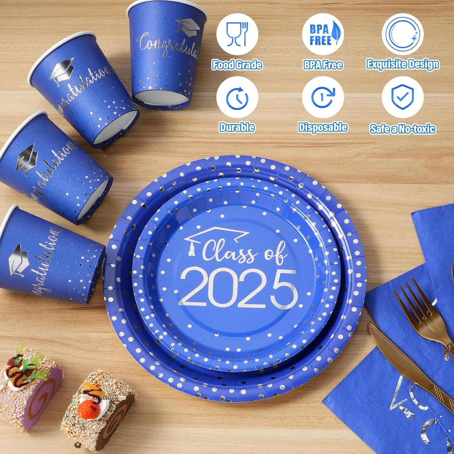 700pcs Class of 2025 Graduation Plates and Napkins Set, Disposable Paper Plate Set Polka Dots Napkins Cups Knife Fork Spoon for Graduation Party Decorations and Supplies,Serve 100 （Blue Silver）