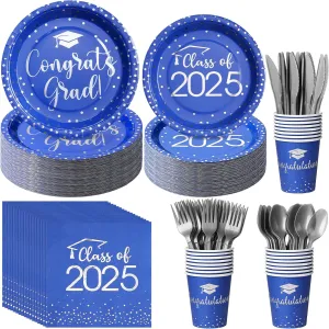 700pcs Class of 2025 Graduation Plates and Napkins Set, Disposable Paper Plate Set Polka Dots Napkins Cups Knife Fork Spoon for Graduation Party Decorations and Supplies,Serve 100 （Blue Silver）