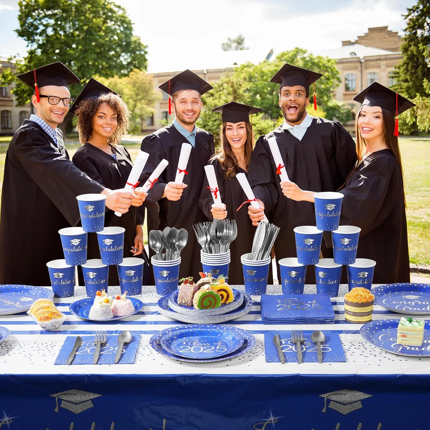 700pcs Class of 2025 Graduation Plates and Napkins Set, Disposable Paper Plate Set Polka Dots Napkins Cups Knife Fork Spoon for Graduation Party Decorations and Supplies,Serve 100 （Blue Silver）