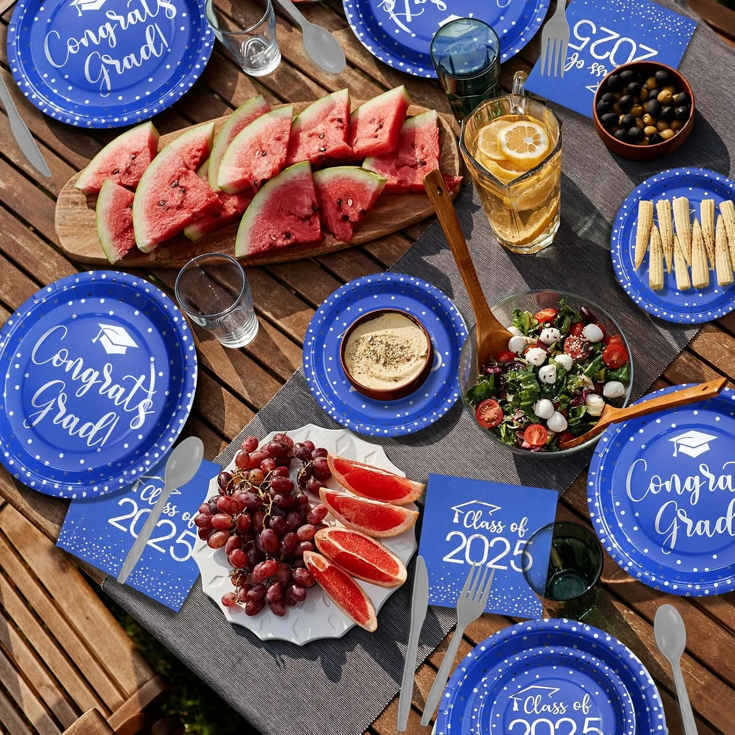 700pcs Class of 2025 Graduation Plates and Napkins Set, Disposable Paper Plate Set Polka Dots Napkins Cups Knife Fork Spoon for Graduation Party Decorations and Supplies,Serve 100 （Blue Silver）