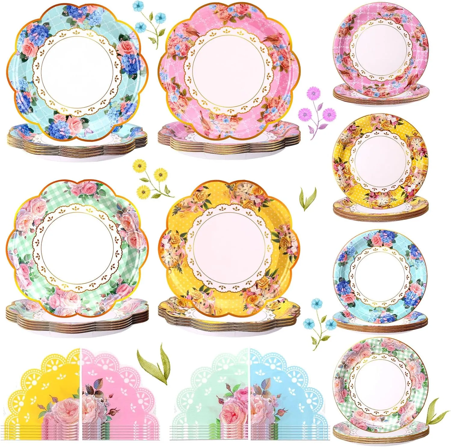 72 Pcs Tea Party Tableware Set, 9" 7" Paper Floral Disposable Dessert Plates with Tea Napkins for Birthday Baby Shower Bridal Wedding Garden Party Decorations Supplies