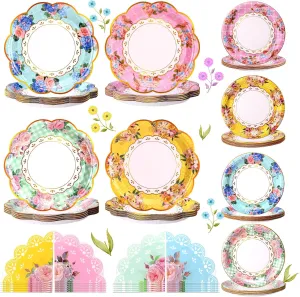 72 Pcs Tea Party Tableware Set, 9" 7" Paper Floral Disposable Dessert Plates with Tea Napkins for Birthday Baby Shower Bridal Wedding Garden Party Decorations Supplies
