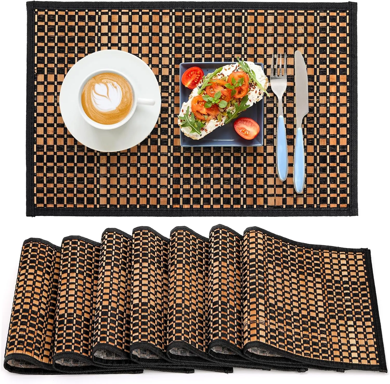 8 Pack Bamboo Placemats, Natural Anti-Slip Dining Table Mats, Heat-Resistant Place Mats, Japanese Style Washable Placemats for Dining Room, Kitchen, Restaurant, 18 x 12 Inch