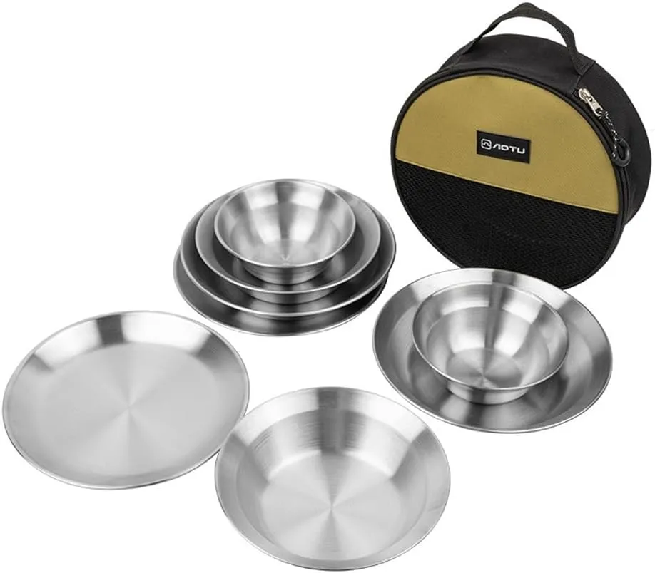 8pcs Camping Tableware Sets Reusable Stainless Steel Plates and Bowls for Outdoor Camping Hiking