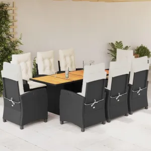 9 Piece Rattan Garden Dining Set - Outdoor Chairs, Patio Furniture Table for Balcony & Porch - Black