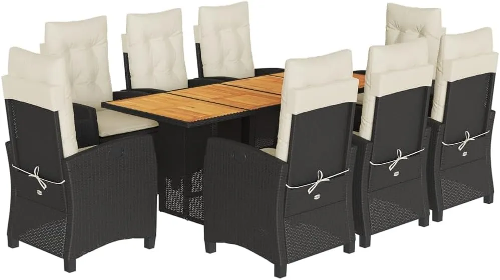 9 Piece Rattan Garden Dining Set - Outdoor Chairs, Patio Furniture Table for Balcony & Porch - Black
