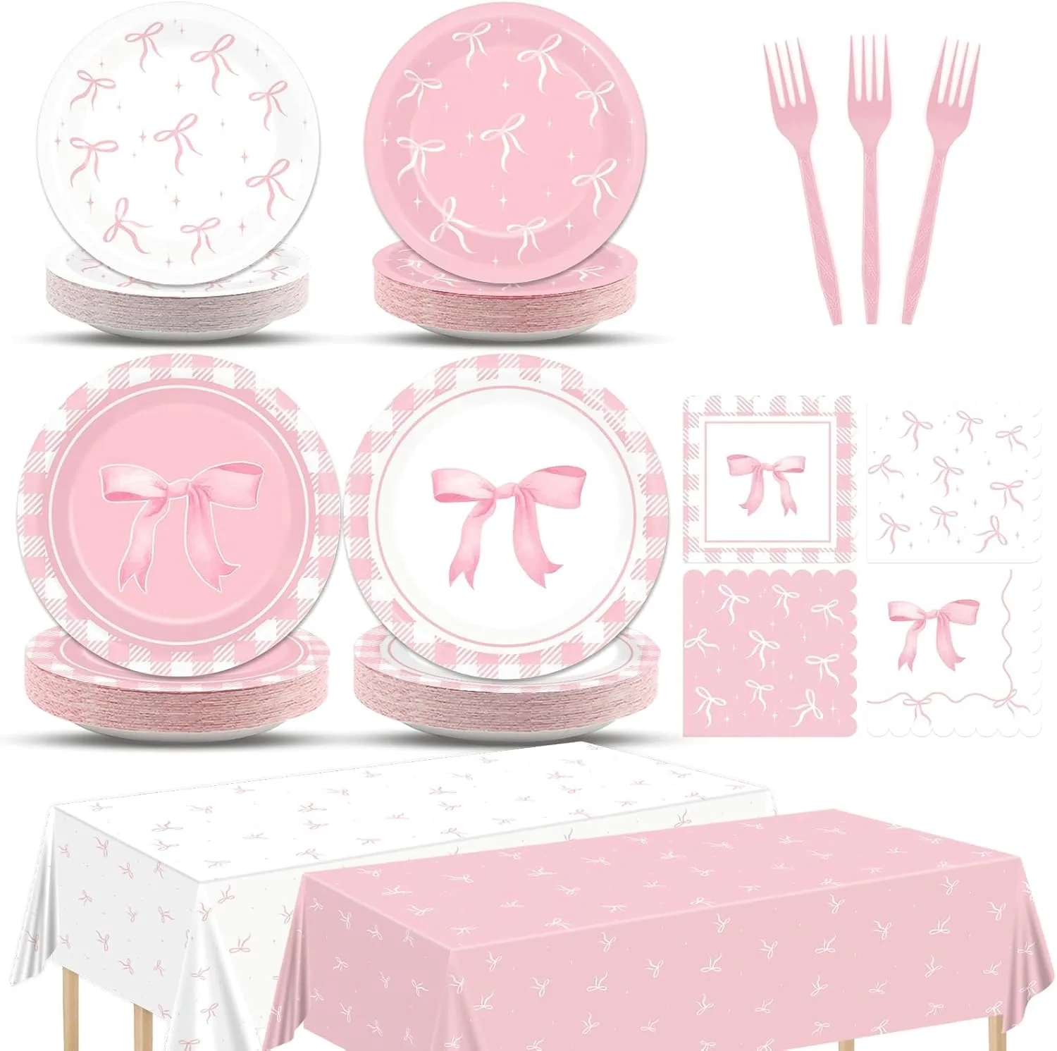 98pcs Pink Bow Party Supplies Bow Birthday Party Plates and Napkin Tablecloth Pink Bow Party Decoration for Girl Bachelorette Bridal Engagement Baby Shower Coquette Cute Tableware Table Cover Serve 24