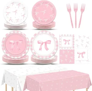 98pcs Pink Bow Party Supplies Bow Birthday Party Plates and Napkin Tablecloth Pink Bow Party Decoration for Girl Bachelorette Bridal Engagement Baby Shower Coquette Cute Tableware Table Cover Serve 24