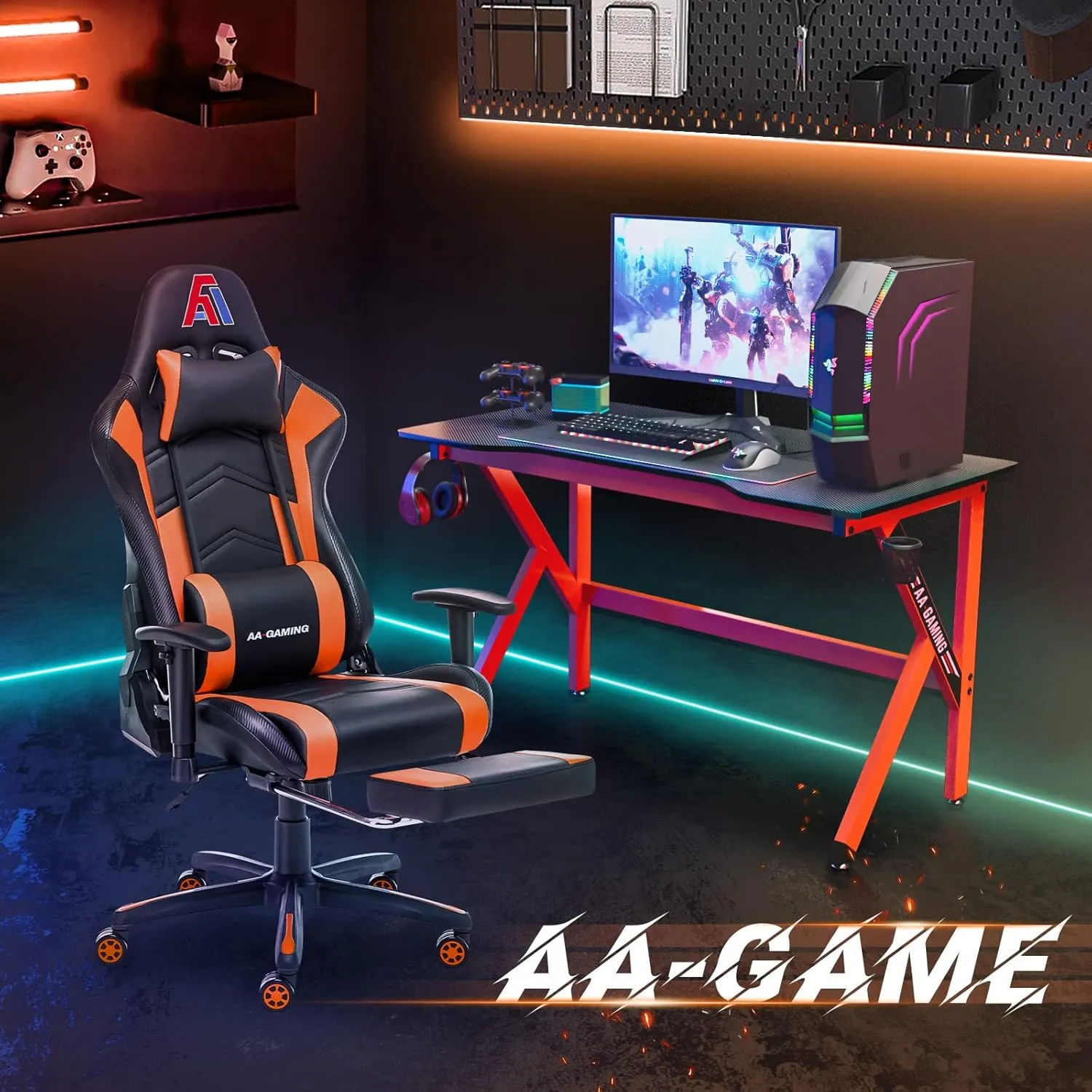 AA Products Gaming Chair Ergonomic High Back Computer Racing Chair Adjustable Office Chair with Footrest, Lumbar Support Swivel Chair - BlackOrange