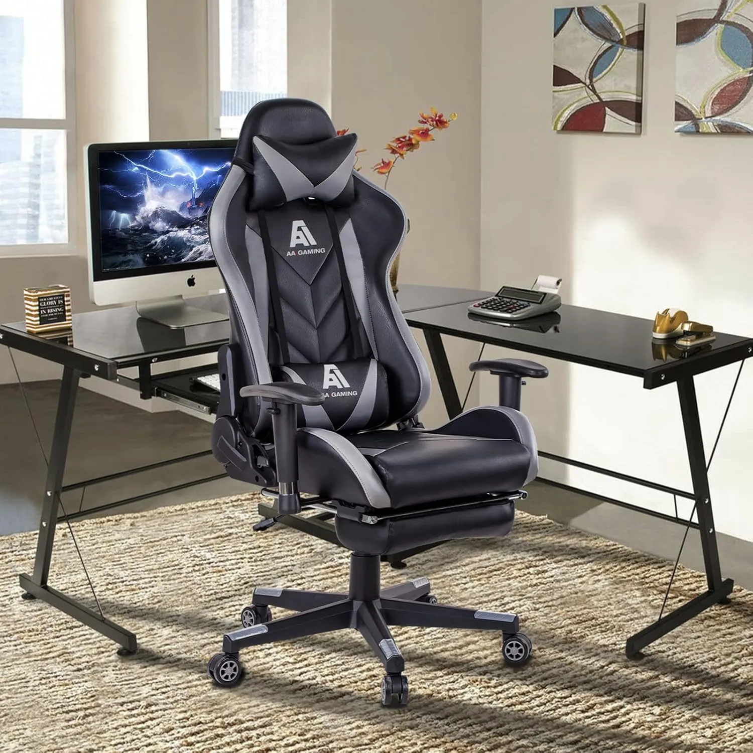 AA Products Gaming Chair High Back Ergonomic Computer Racing Chair Adjustable Office Chair with Footrest, Lumbar Support Swivel Chair - Grey