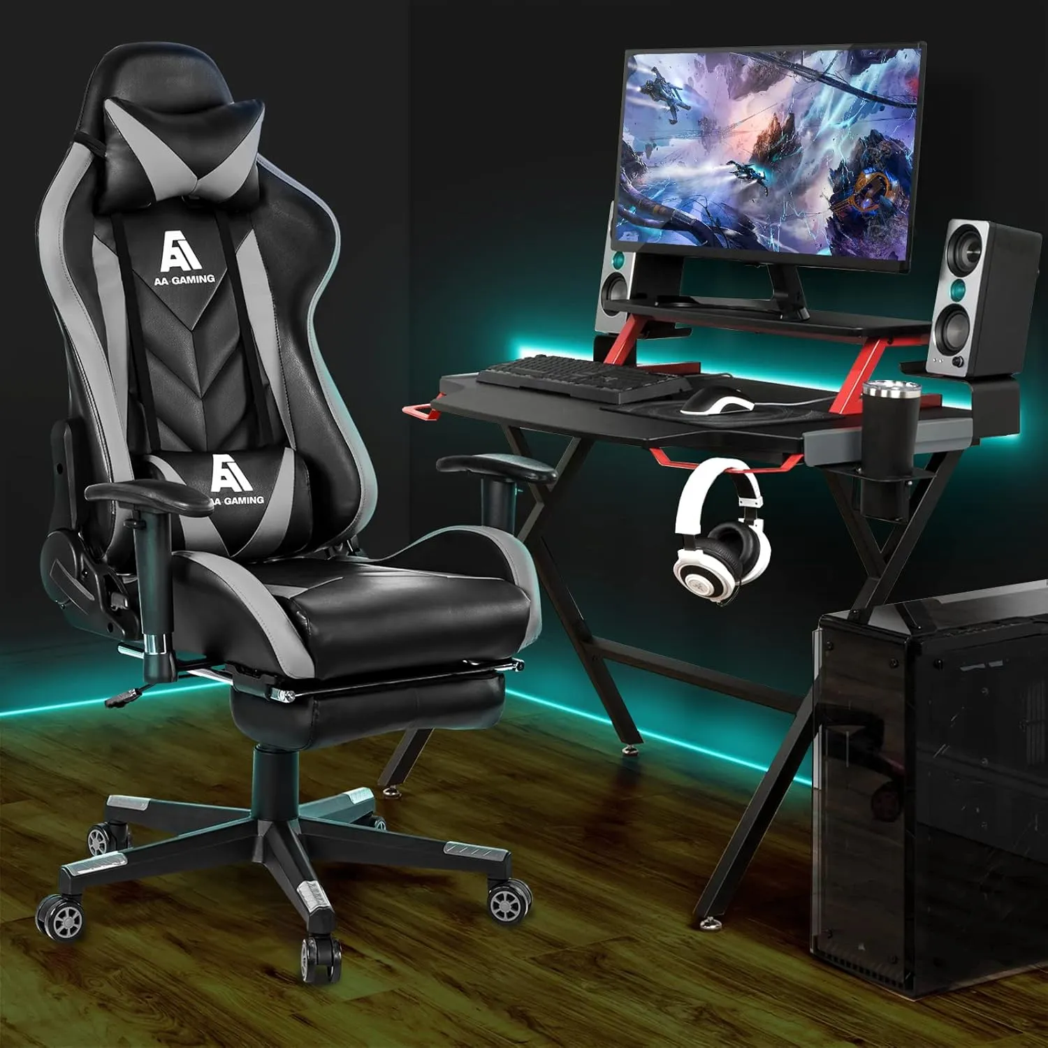 AA Products Gaming Chair High Back Ergonomic Computer Racing Chair Adjustable Office Chair with Footrest, Lumbar Support Swivel Chair - Grey