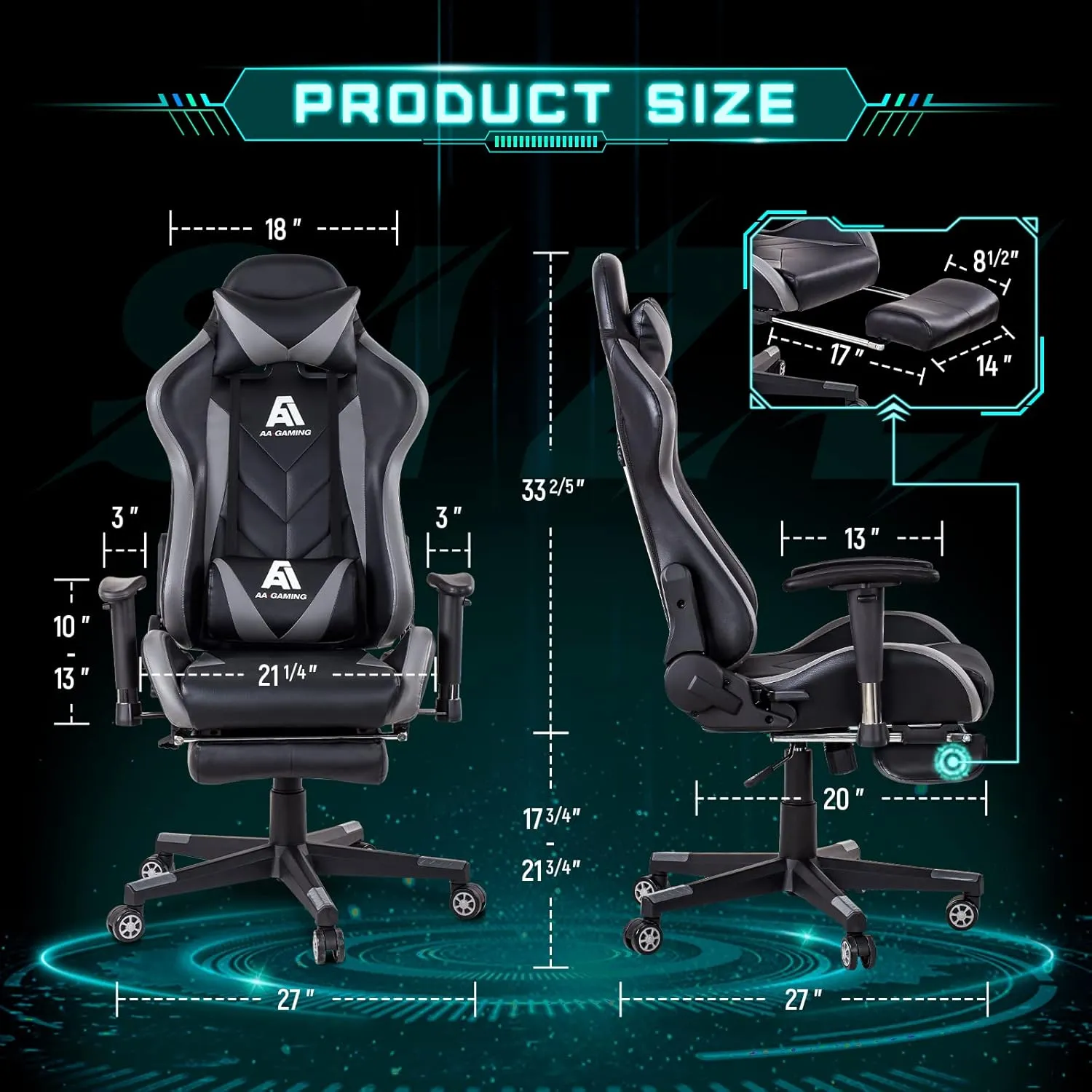 AA Products Gaming Chair High Back Ergonomic Computer Racing Chair Adjustable Office Chair with Footrest, Lumbar Support Swivel Chair - Grey