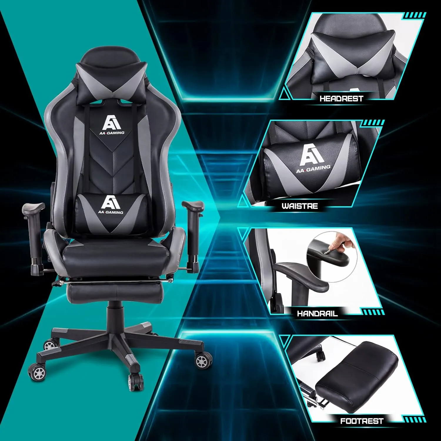 AA Products Gaming Chair High Back Ergonomic Computer Racing Chair Adjustable Office Chair with Footrest, Lumbar Support Swivel Chair - Grey