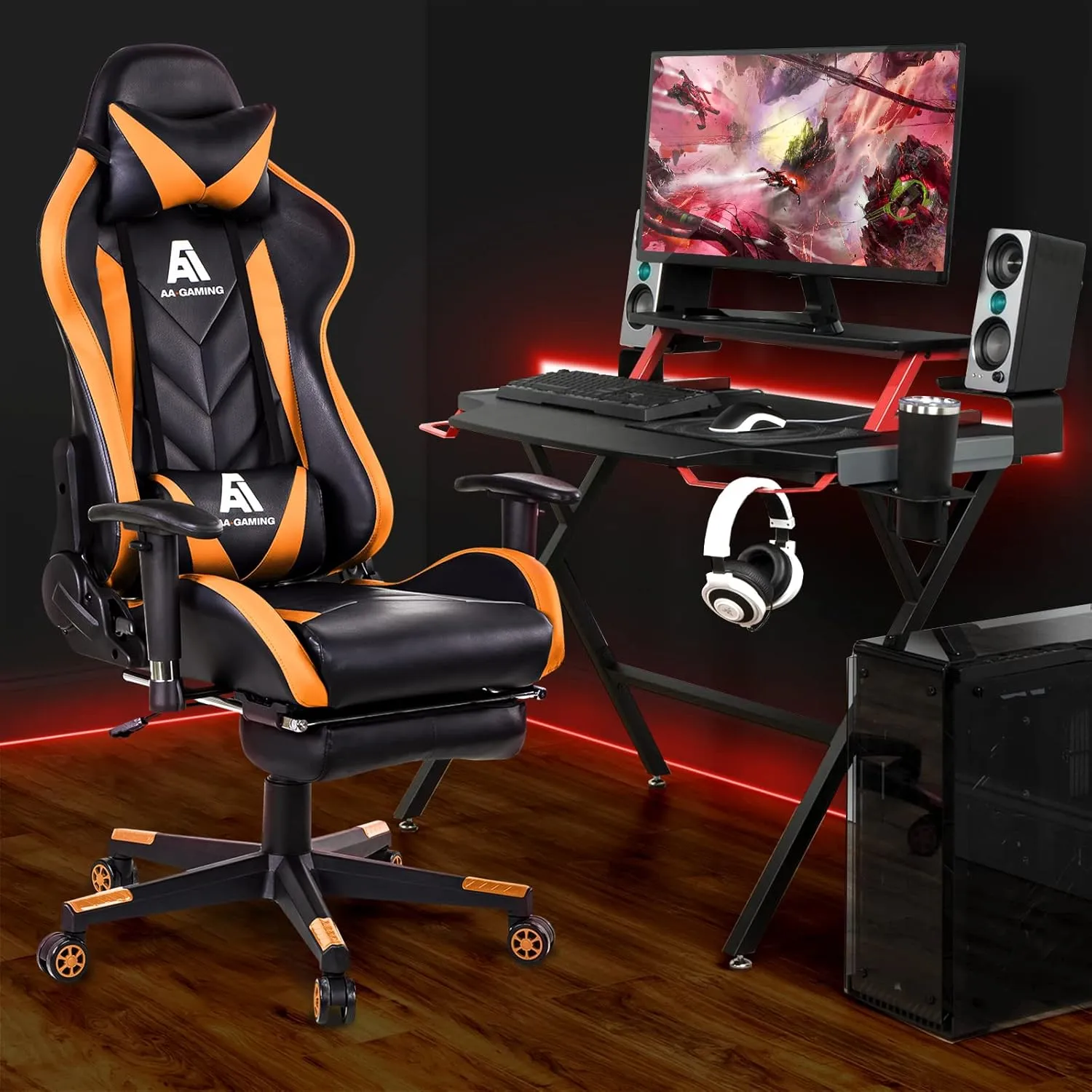 AA Products Gaming Chair High Back Ergonomic Computer Racing Chair Adjustable Office Chair with Footrest, Lumbar Support Swivel Chair - Orange