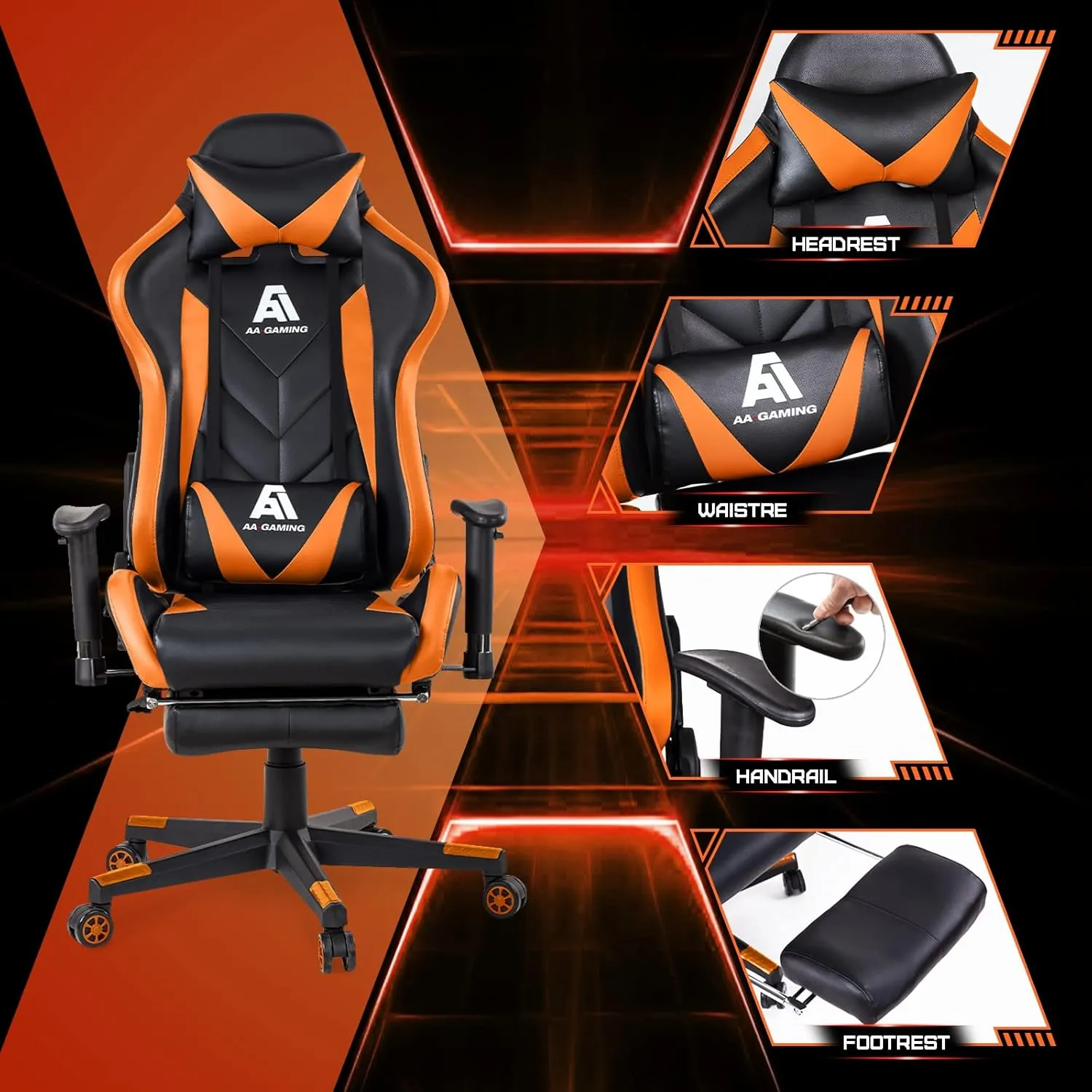 AA Products Gaming Chair High Back Ergonomic Computer Racing Chair Adjustable Office Chair with Footrest, Lumbar Support Swivel Chair - Orange
