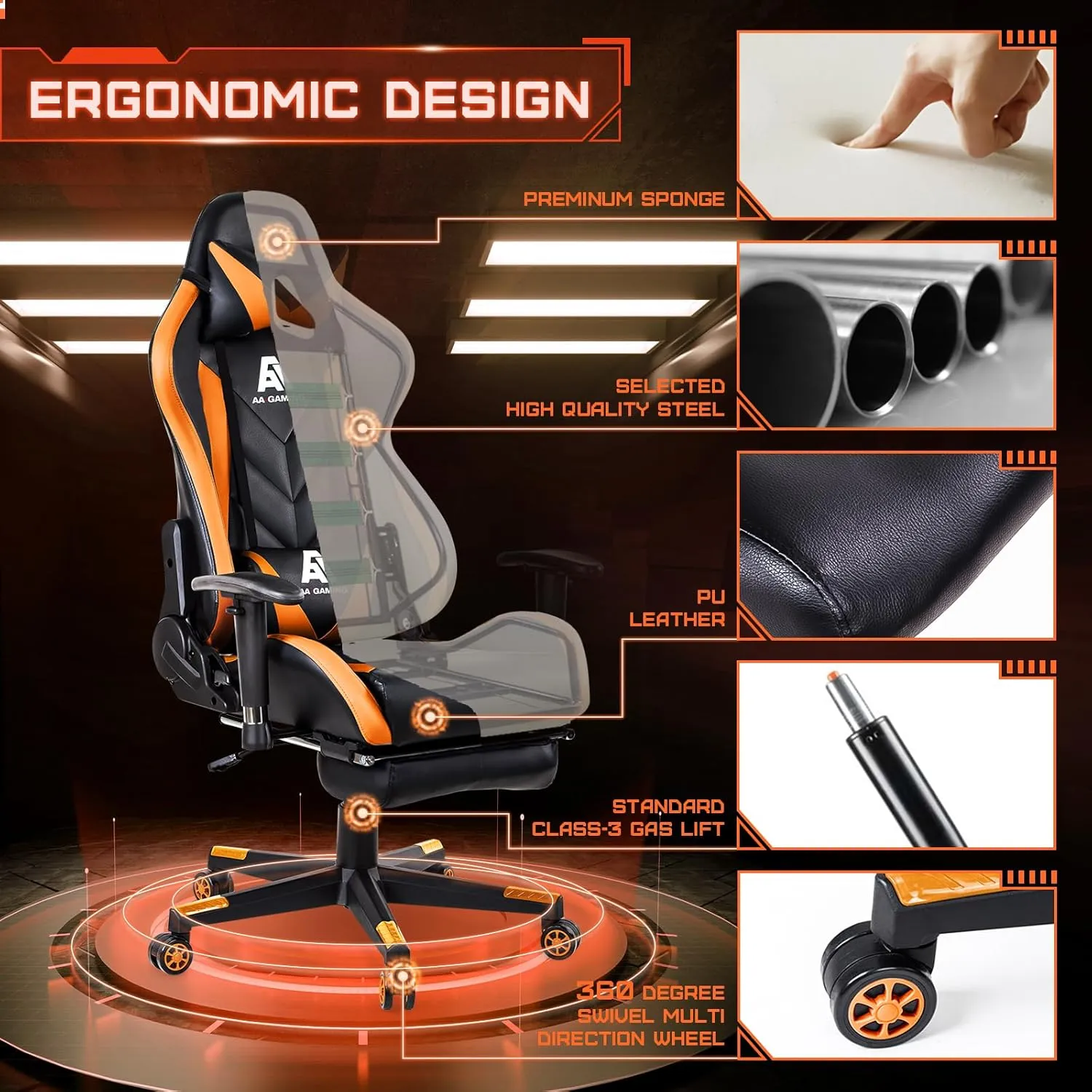 AA Products Gaming Chair High Back Ergonomic Computer Racing Chair Adjustable Office Chair with Footrest, Lumbar Support Swivel Chair - Orange